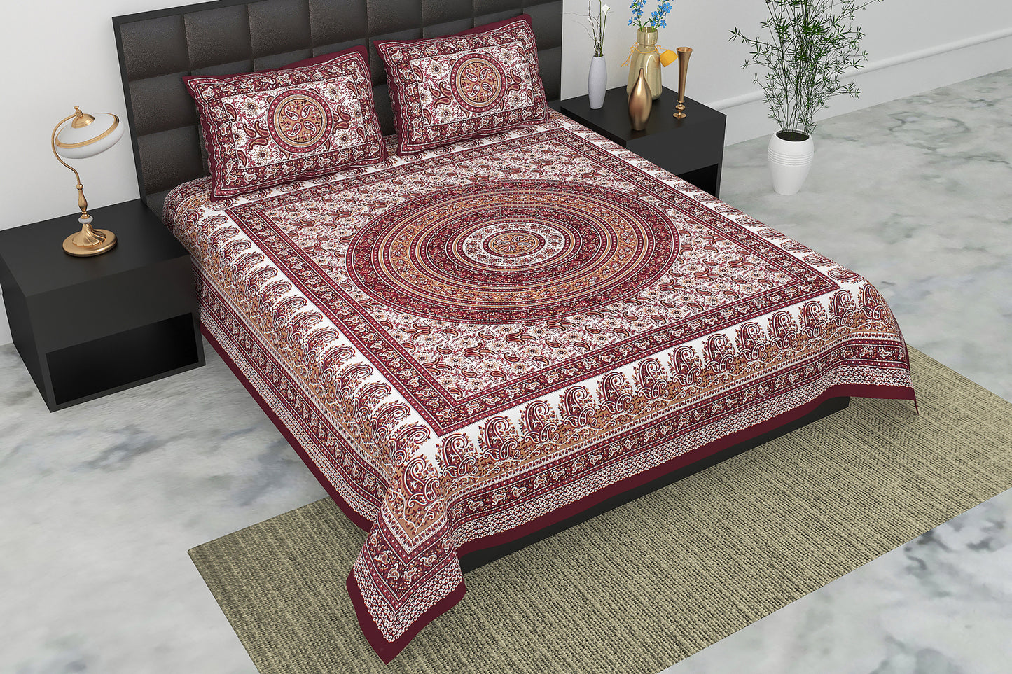 Pearl Ek Moti Mandala Print Pure Cotton Double Bedsheet with 2 Pillow Covers