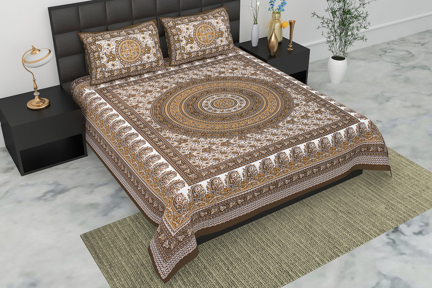 Pearl Ek Moti Mandala Print Pure Cotton Double Bedsheet with 2 Pillow Covers