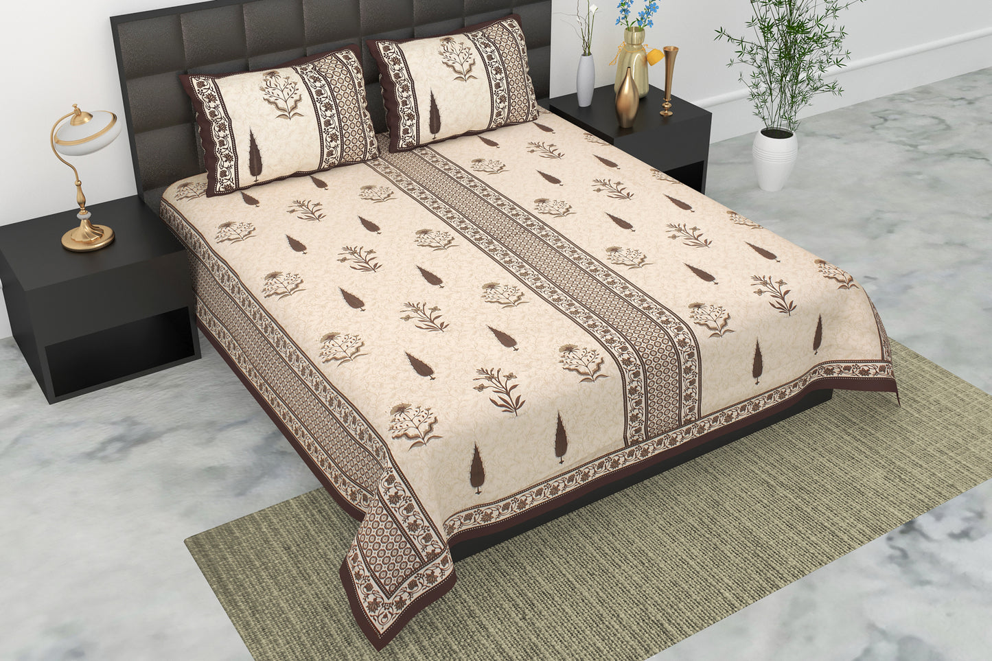 Pearl Ek Moti Floral Printed Pure Cotton Double Bedsheet with 2 Pillow Covers