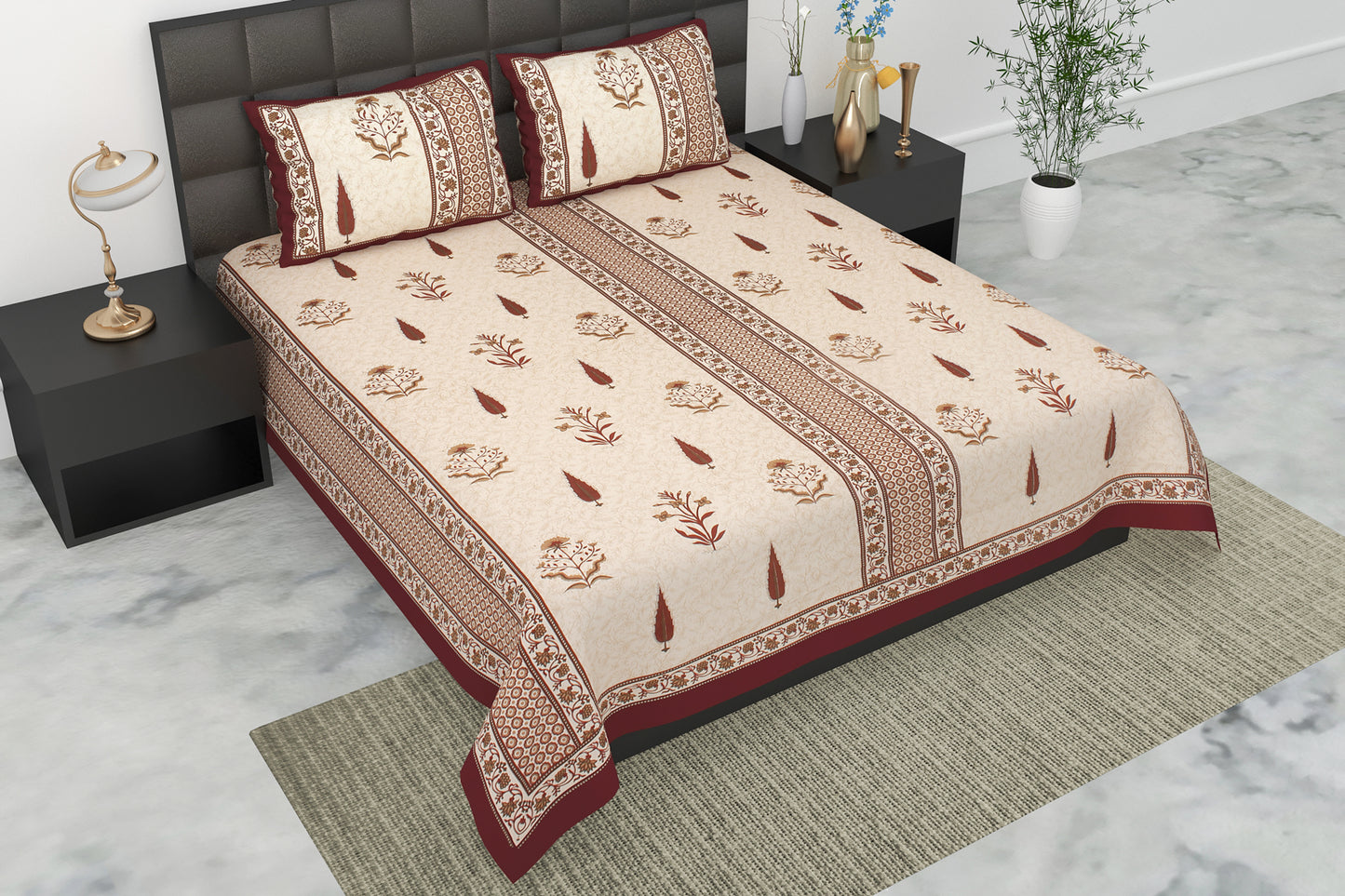Pearl Ek Moti Floral Printed Pure Cotton Double Bedsheet with 2 Pillow Covers