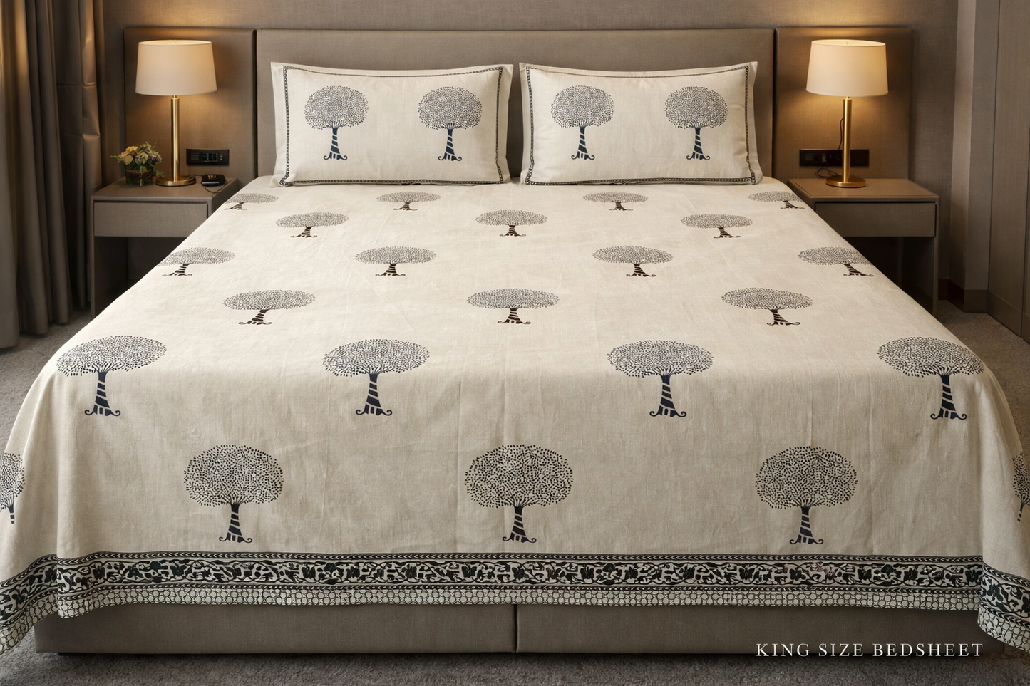 King Size Cotton Bedsheet 93x108 Inches with 2 Pillow Covers | Minimal Tree Buta Design with Border Double Bedsheet