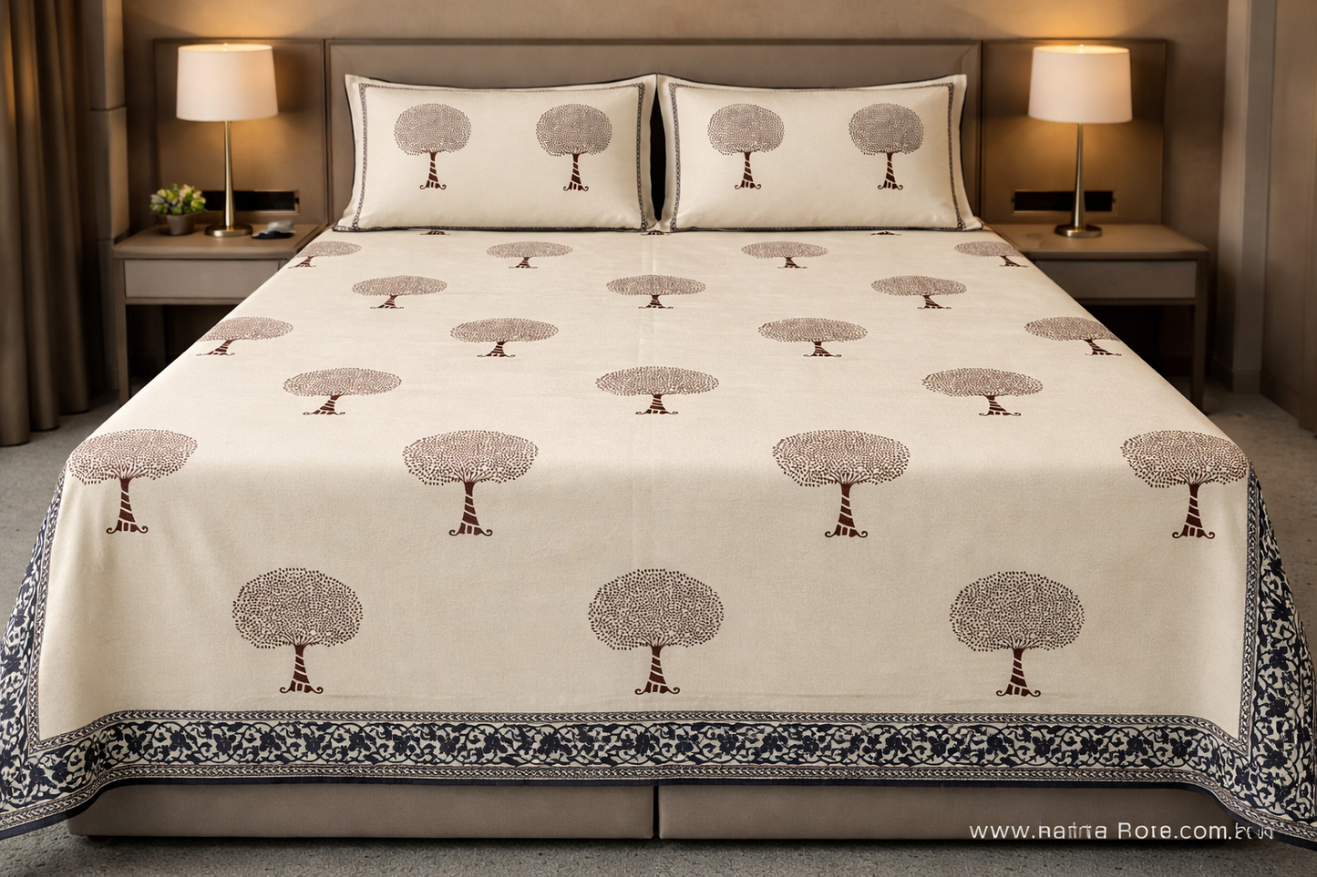 King Size Cotton Bedsheet 93x108 Inches with 2 Pillow Covers | Minimal Tree Buta Design with Border Double Bedsheet