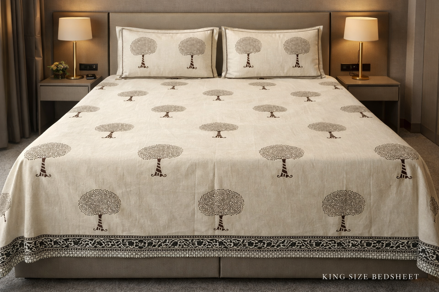 King Size Cotton Bedsheet 93x108 Inches with 2 Pillow Covers | Minimal Tree Buta Design with Border Double Bedsheet