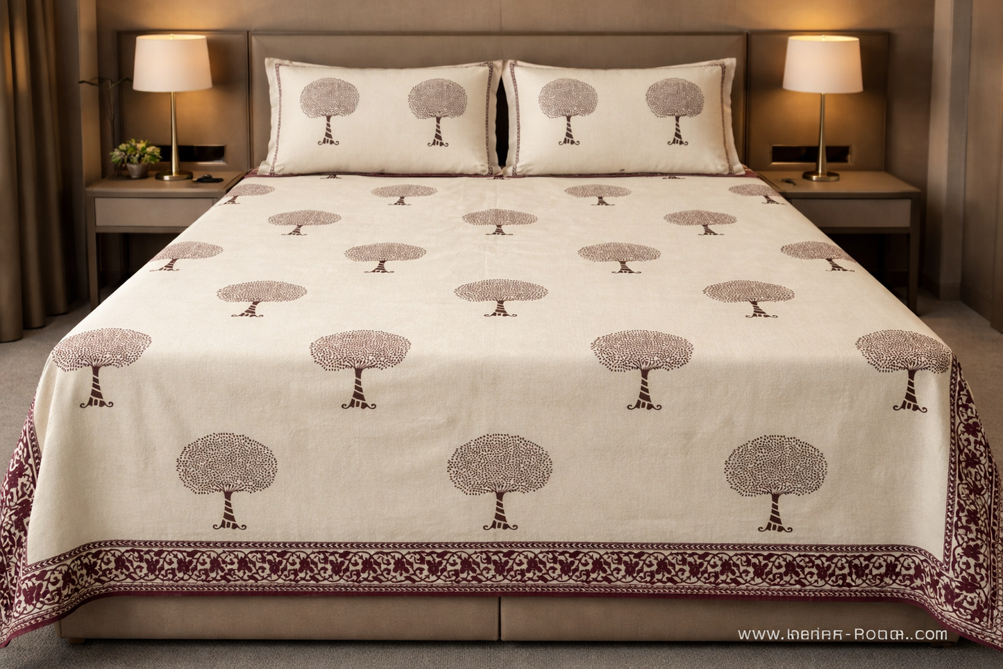 King Size Cotton Bedsheet 93x108 Inches with 2 Pillow Covers | Minimal Tree Buta Design with Border Double Bedsheet