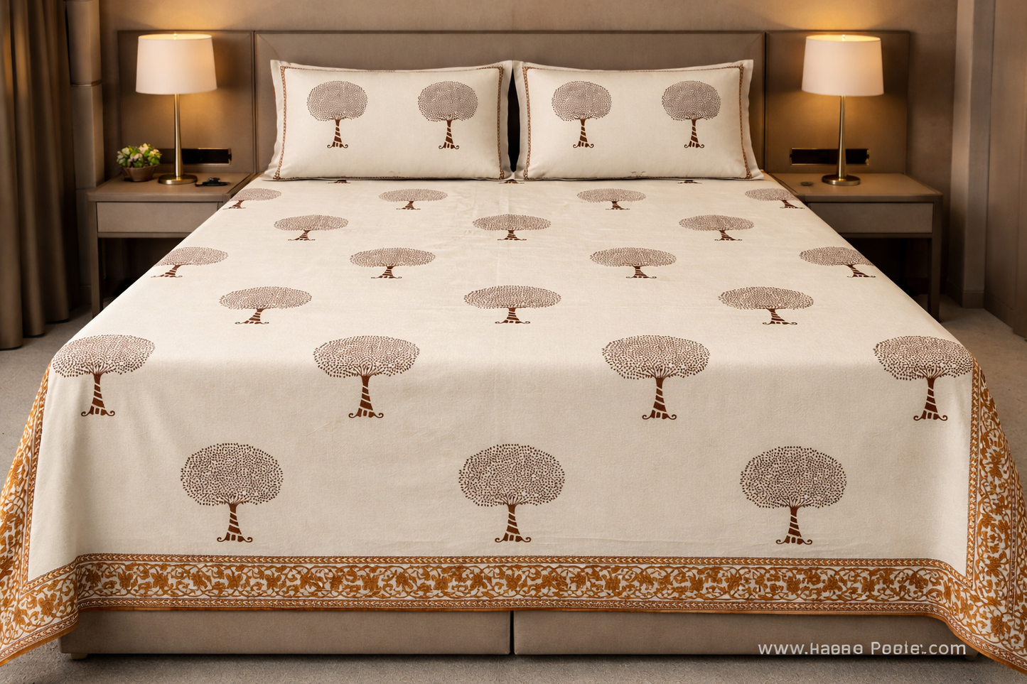 King Size Cotton Bedsheet 93x108 Inches with 2 Pillow Covers | Minimal Tree Buta Design with Border Double Bedsheet
