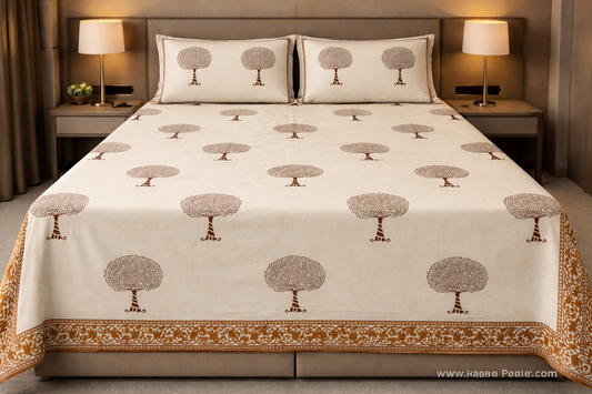 King Size Cotton Bedsheet 93x108 Inches with 2 Pillow Covers | Minimal Tree Buta Design with Border Double Bedsheet