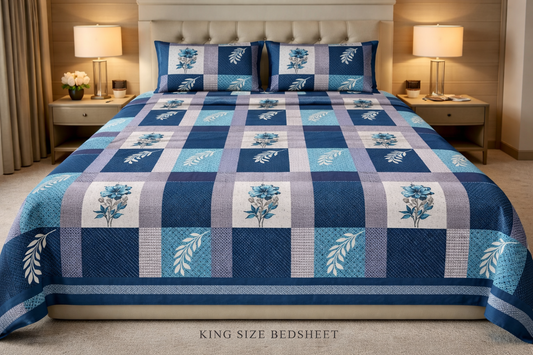 King Size Double Bedsheet 93x100 Inches with 2 Pillow Covers | 100% Pure Cotton | Pearl Ek Moti Checks Design