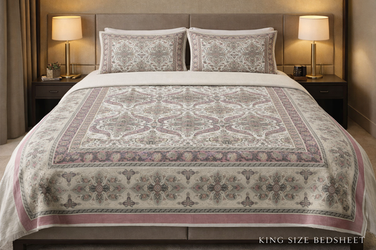 King Size Double Bedsheet 93x100 Inches with 2 Pillow Covers | 100% Pure Cotton | Pearl Ek Moti Mughal Floral Design
