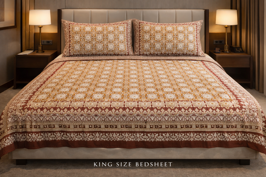 King Size Double Bedsheet 93x100 Inches with 2 Pillow Covers | 100% Pure Cotton | Pearl Ek Moti Floral Jaal Block Print Design