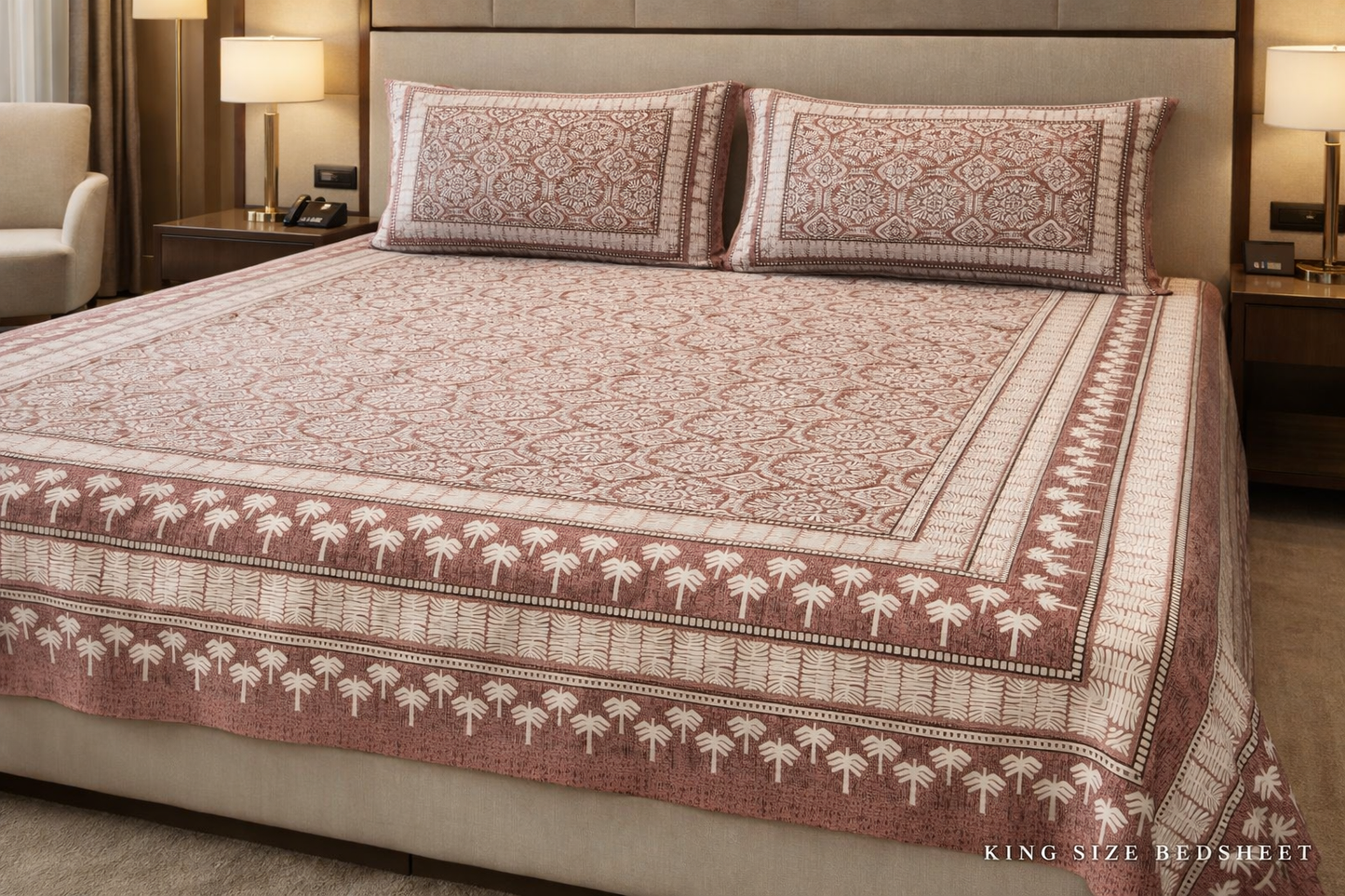 King Size Double Bedsheet 93x100 Inches with 2 Pillow Covers | 100% Pure Cotton | Pearl Ek Moti Ethnic Border Leaf Design