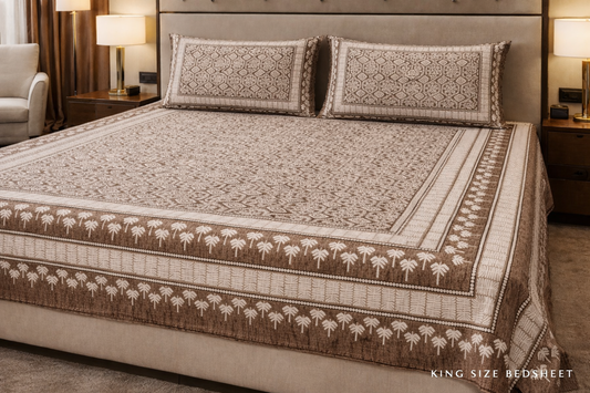 King Size Double Bedsheet 93x100 Inches with 2 Pillow Covers | 100% Pure Cotton | Pearl Ek Moti Ethnic Border Leaf Design
