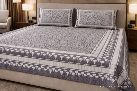 King Size Double Bedsheet 93x100 Inches with 2 Pillow Covers | 100% Pure Cotton | Pearl Ek Moti Ethnic Border Leaf Design