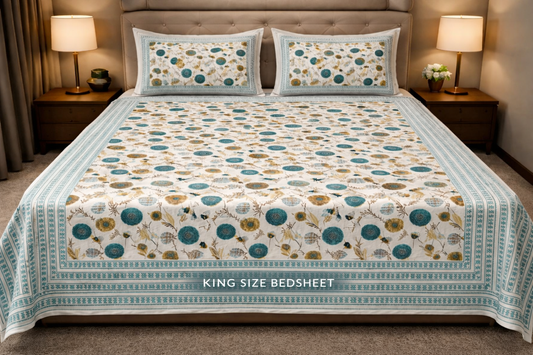 King Size Cotton Bedsheet 93x108 Inches with 2 Pillow Covers | Oxford Floral Disc Print Premium Double Bedsheet