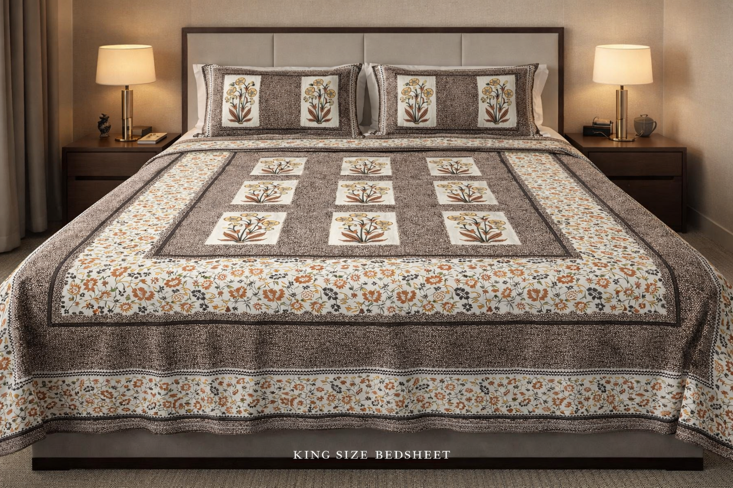 King Size Cotton Bedsheet 93x108 Inches with 2 Pillow Covers | Oxford Block Floral Tile Design Double Bedsheet