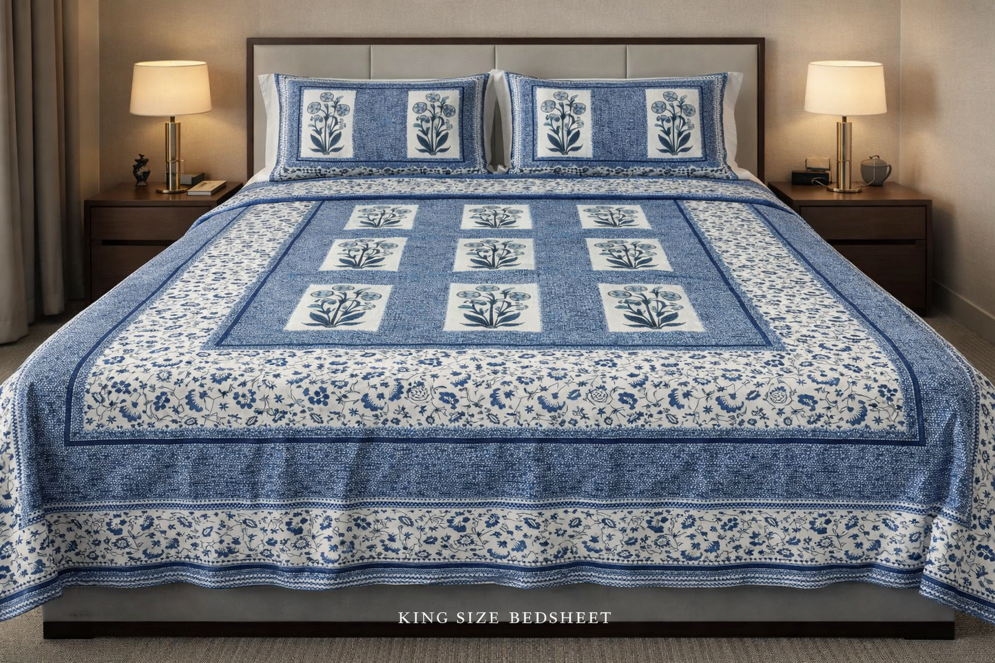 King Size Cotton Bedsheet 93x108 Inches with 2 Pillow Covers | Oxford Block Floral Tile Design Double Bedsheet