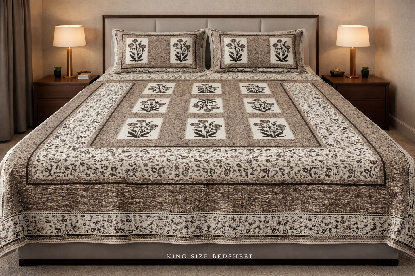 King Size Cotton Bedsheet 93x108 Inches with 2 Pillow Covers | Oxford Block Floral Tile Design Double Bedsheet