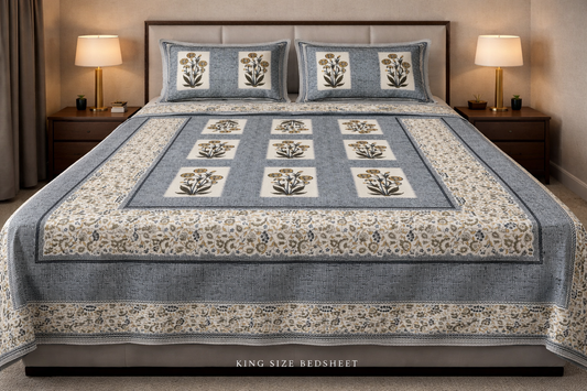 King Size Cotton Bedsheet 93x108 Inches with 2 Pillow Covers | Oxford Block Floral Tile Design Double Bedsheet
