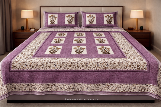 King Size Cotton Bedsheet 93x108 Inches with 2 Pillow Covers | Oxford Block Floral Tile Design Double Bedsheet