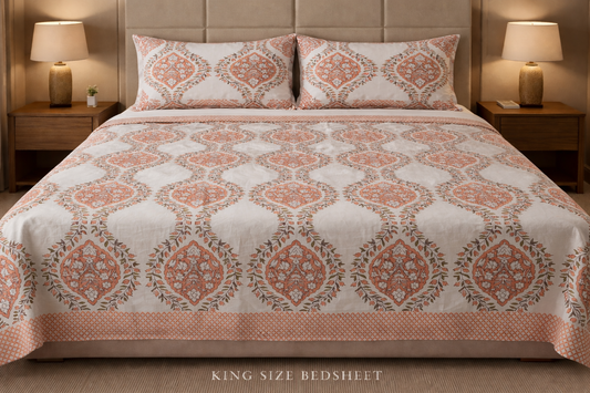 King Size Cotton Bedsheet 93x108 Inches with 2 Pillow Covers | Mughal Jaal Floral Print Double Bedsheet