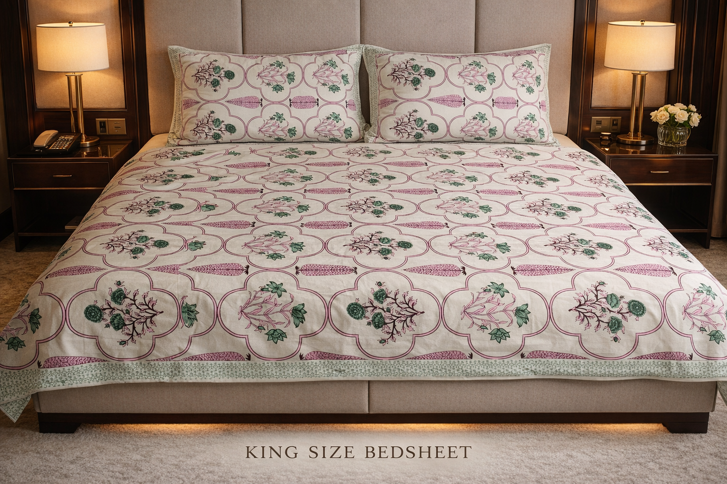 King Size Cotton Bedsheet 93x108 Inches with 2 Pillow Covers | Mughal Jaali Frame Floral Print Double Bedsheet