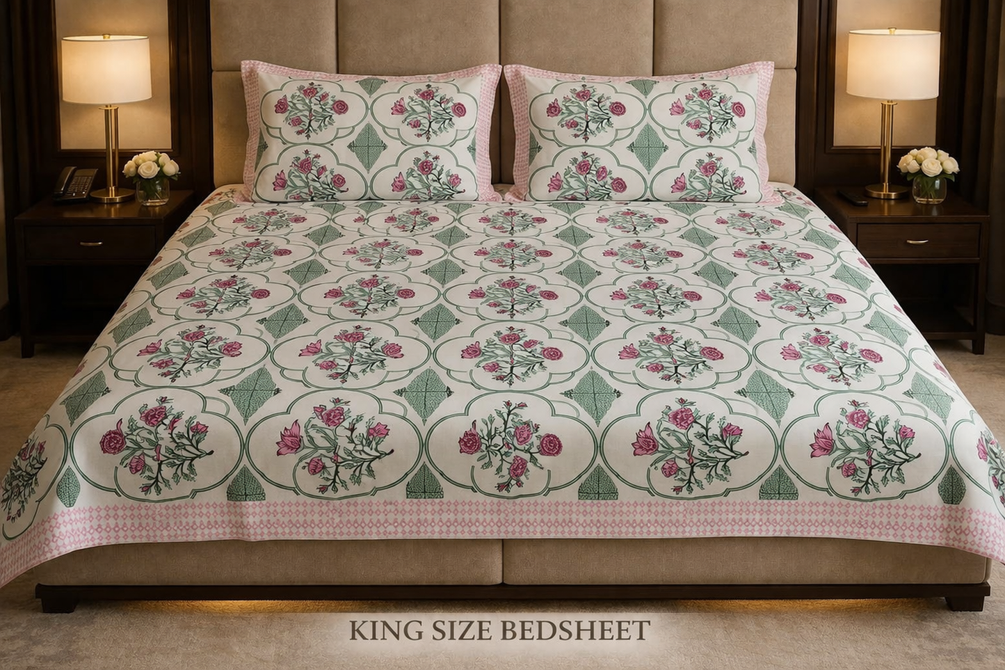 King Size Cotton Bedsheet 93x108 Inches with 2 Pillow Covers | Mughal Jaali Frame Floral Print Double Bedsheet