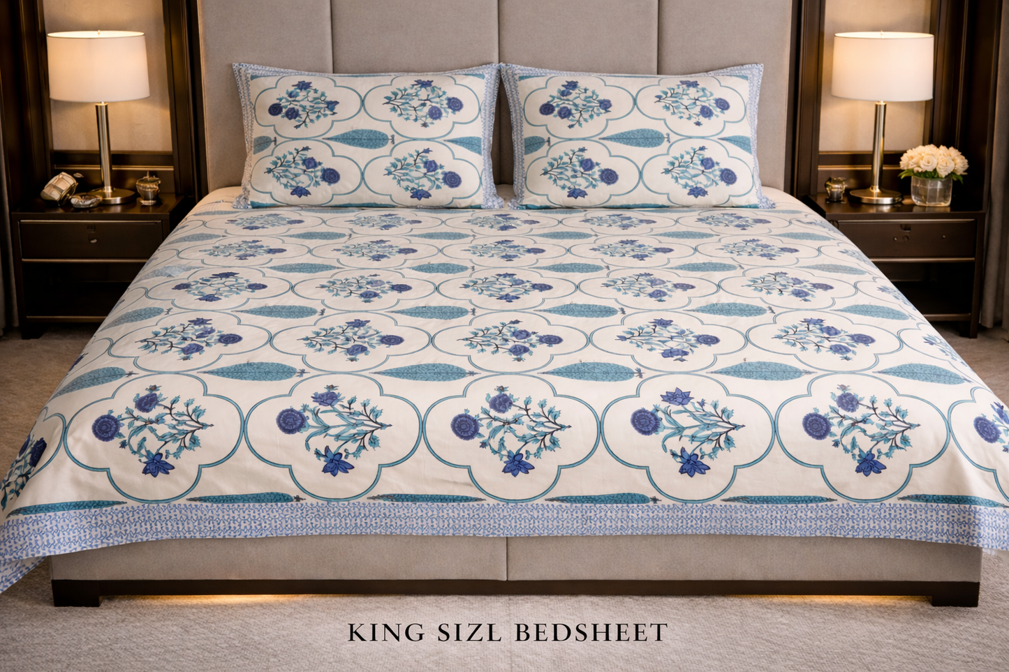King Size Cotton Bedsheet 93x108 Inches with 2 Pillow Covers | Mughal Jaali Frame Floral Print Double Bedsheet