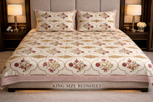 King Size Cotton Bedsheet 93x108 Inches with 2 Pillow Covers | Mughal Jaali Frame Floral Print Double Bedsheet