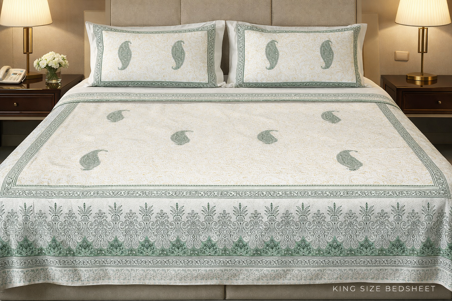 King Size Cotton Bedsheet 93x108 Inches with 2 Pillow Covers | Elegant Paisley Buta Border Design Double Bedsheet