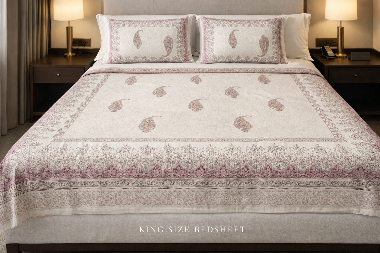 King Size Cotton Bedsheet 93x108 Inches with 2 Pillow Covers | Elegant Paisley Buta Border Design Double Bedsheet