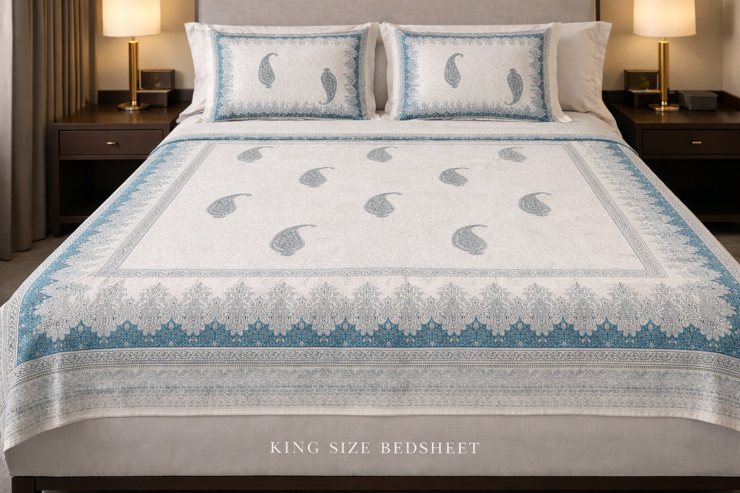 King Size Cotton Bedsheet 93x108 Inches with 2 Pillow Covers | Elegant Paisley Buta Border Design Double Bedsheet
