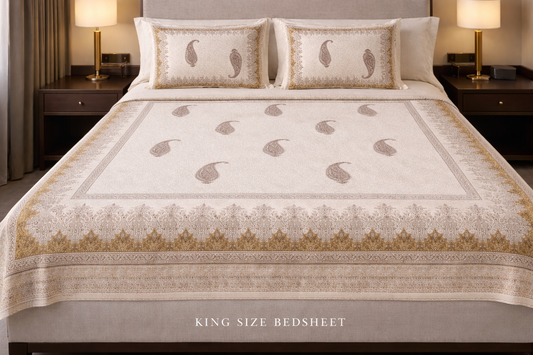 King Size Cotton Bedsheet 93x108 Inches with 2 Pillow Covers | Elegant Paisley Buta Border Design Double Bedsheet