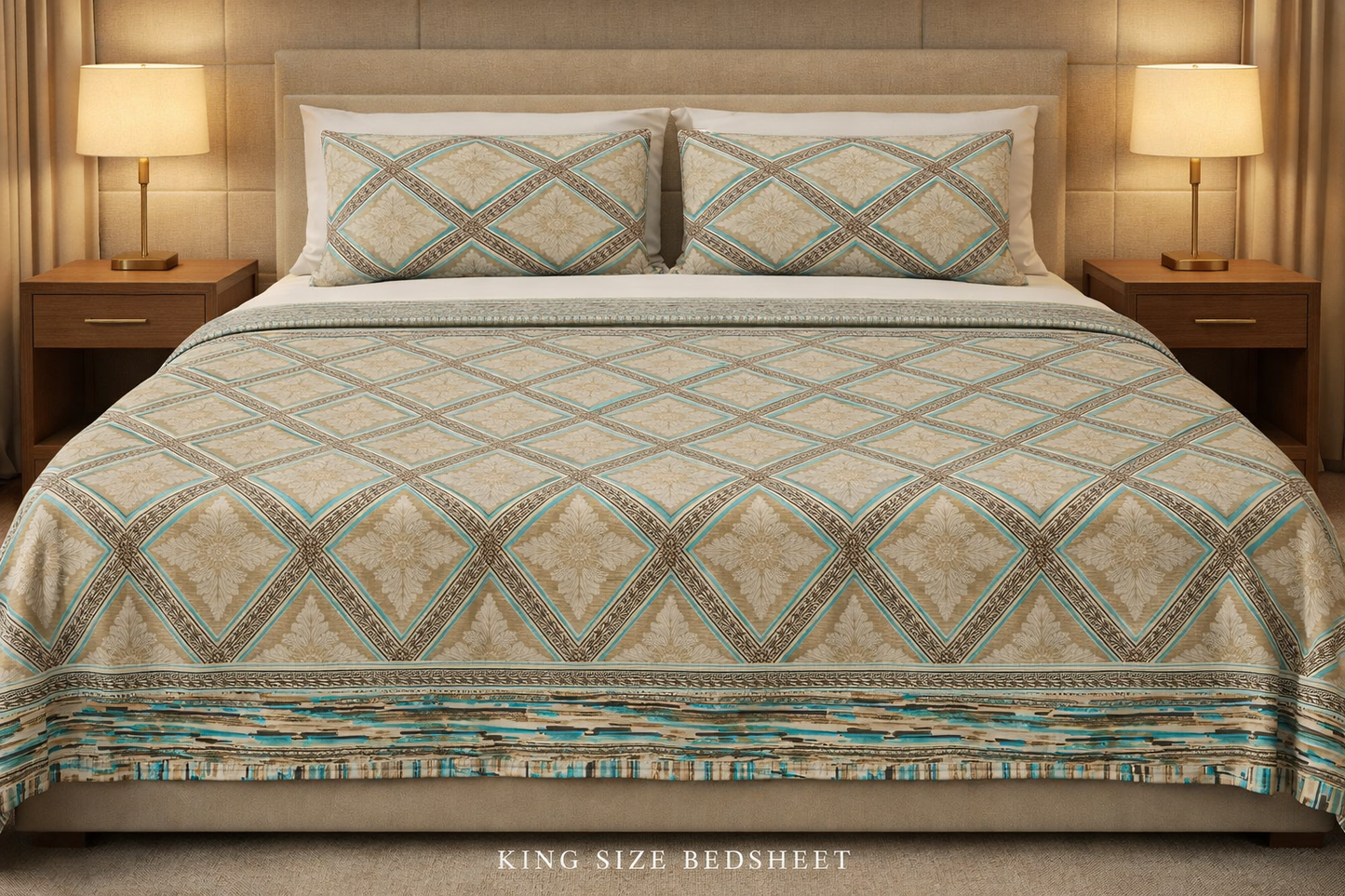 King Size Cotton Bedsheet 93x108 Inches with 2 Pillow Covers | Premium Diamond Floral Lattice Design Double Bedsheet