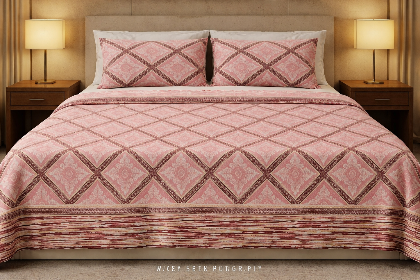 King Size Cotton Bedsheet 93x108 Inches with 2 Pillow Covers | Premium Diamond Floral Lattice Design Double Bedsheet