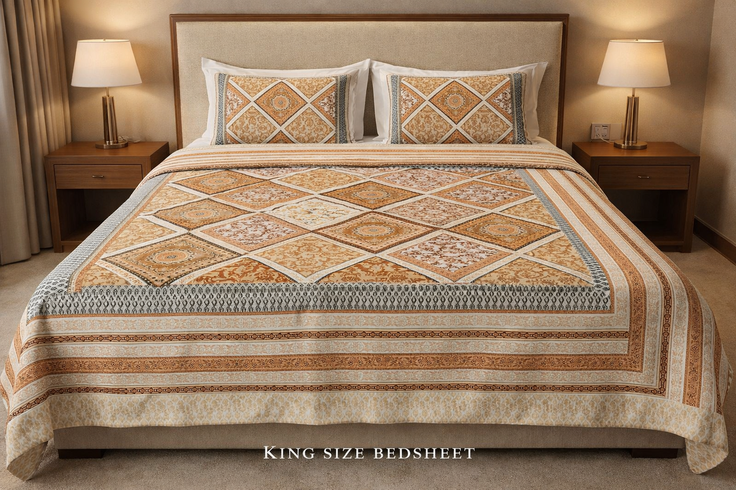 King Size Cotton Bedsheet 93x108 Inches with 2 Pillow Covers | Premium Patchwork Diamond Floral Design Double Bedsheet