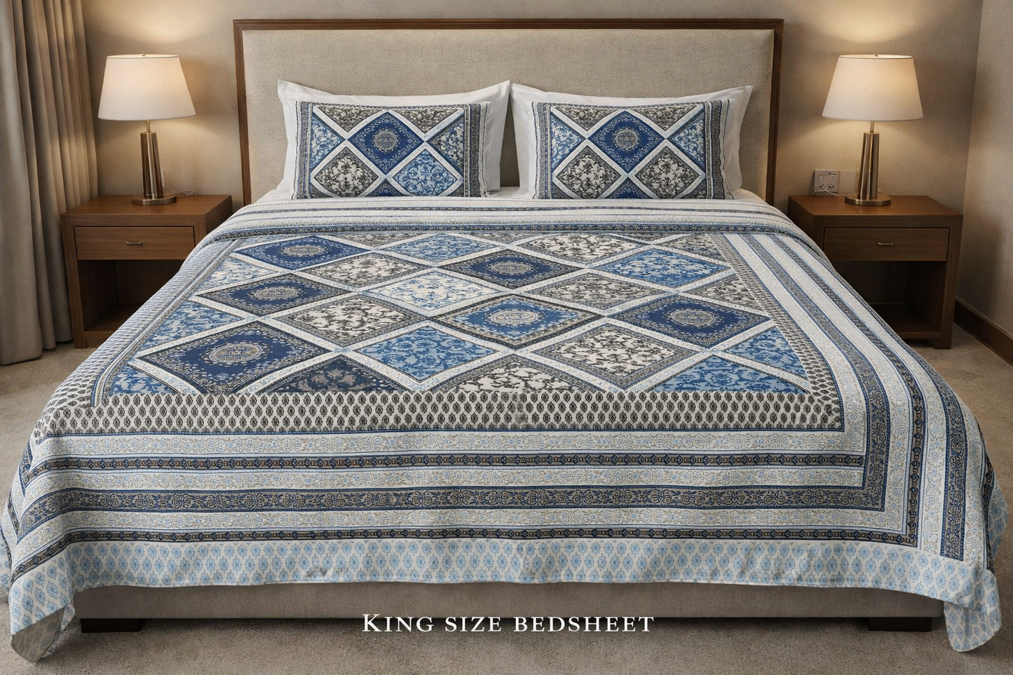 King Size Cotton Bedsheet 93x108 Inches with 2 Pillow Covers | Premium Patchwork Diamond Floral Design Double Bedsheet