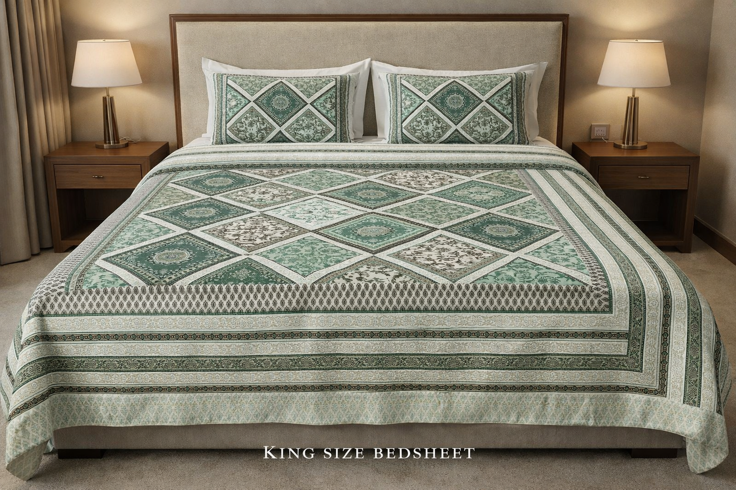 King Size Cotton Bedsheet 93x108 Inches with 2 Pillow Covers | Premium Patchwork Diamond Floral Design Double Bedsheet
