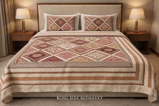 King Size Cotton Bedsheet 93x108 Inches with 2 Pillow Covers | Premium Patchwork Diamond Floral Design Double Bedsheet