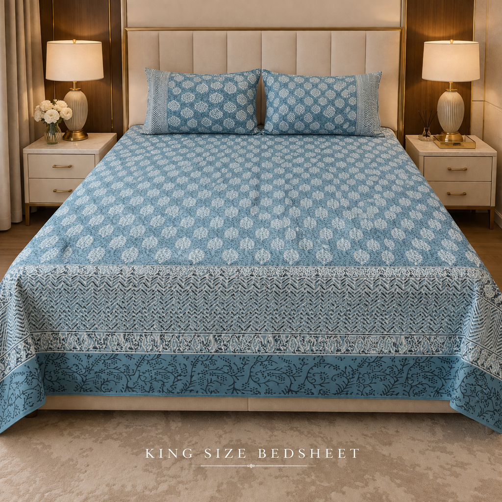 King Size Cotton Bedsheet 93x108 Inches with 2 Pillow Covers | Oxford Buti Print Double Bedsheet