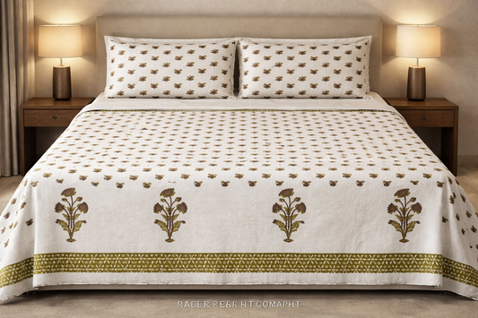 King Size Cotton Bedsheet 93x108 Inches with 2 Pillow Covers | Floral Buti Print Double Bedsheet