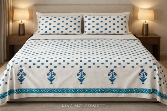 King Size Cotton Bedsheet 93x108 Inches with 2 Pillow Covers | Floral Buti Print Double Bedsheet