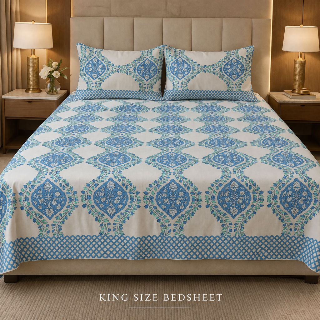 King Size Cotton Bedsheet 93x108 Inches with 2 Pillow Covers | Mughal Jaal Floral Print Double Bedsheet