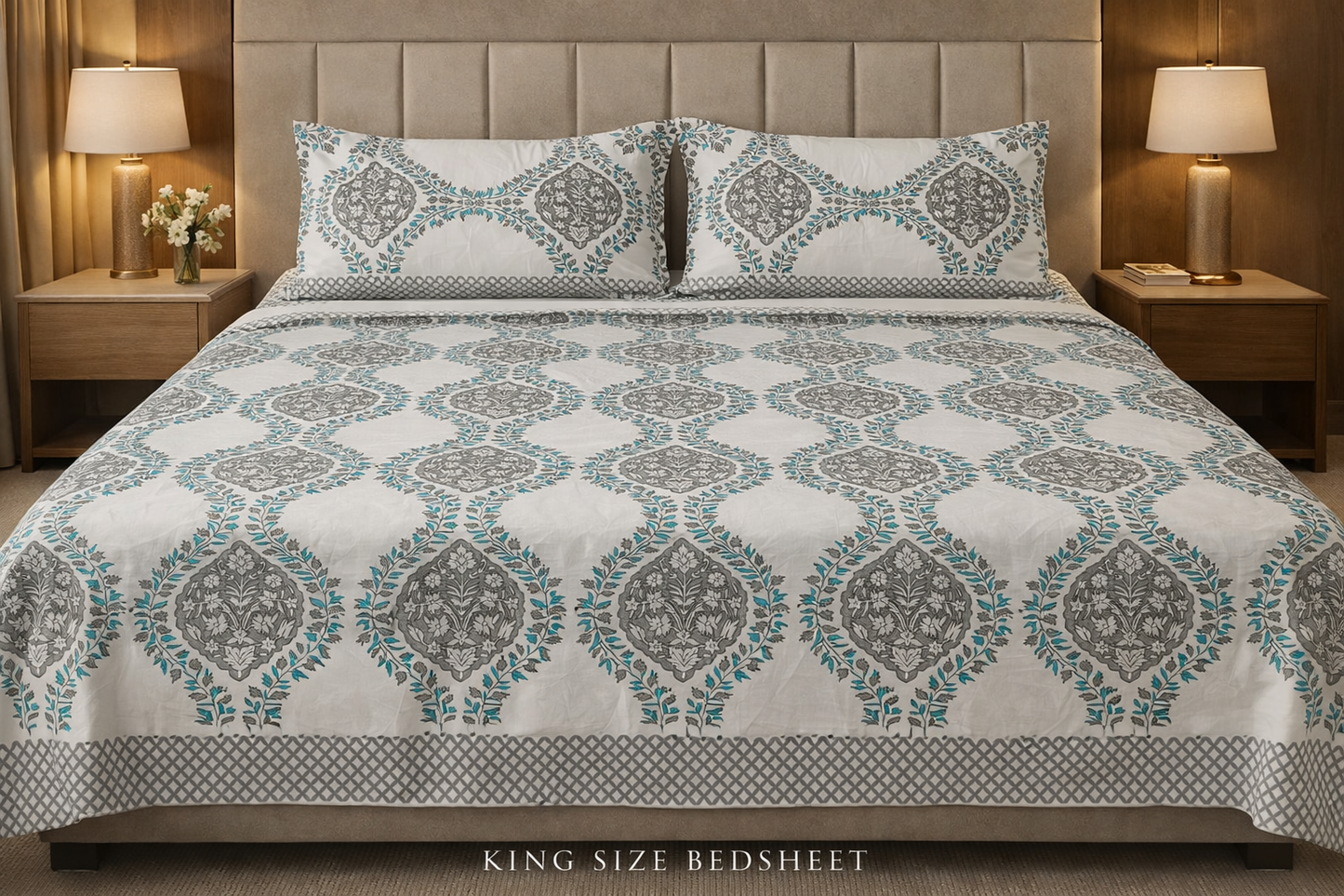 King Size Cotton Bedsheet 93x108 Inches with 2 Pillow Covers | Mughal Jaal Floral Print Double Bedsheet