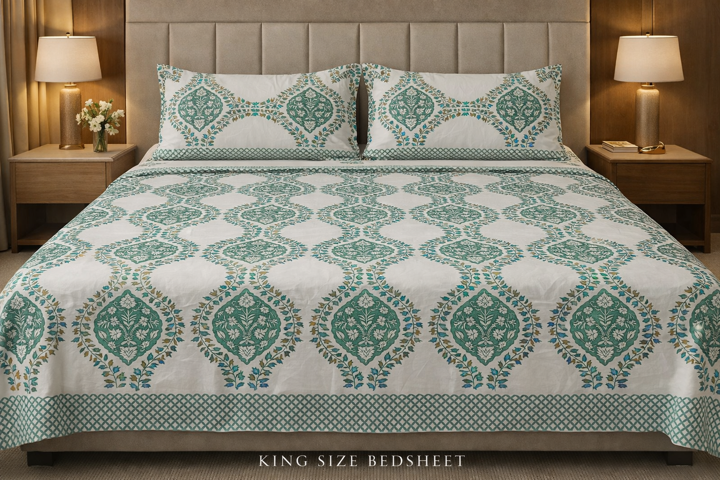 King Size Cotton Bedsheet 93x108 Inches with 2 Pillow Covers | Mughal Jaal Floral Print Double Bedsheet