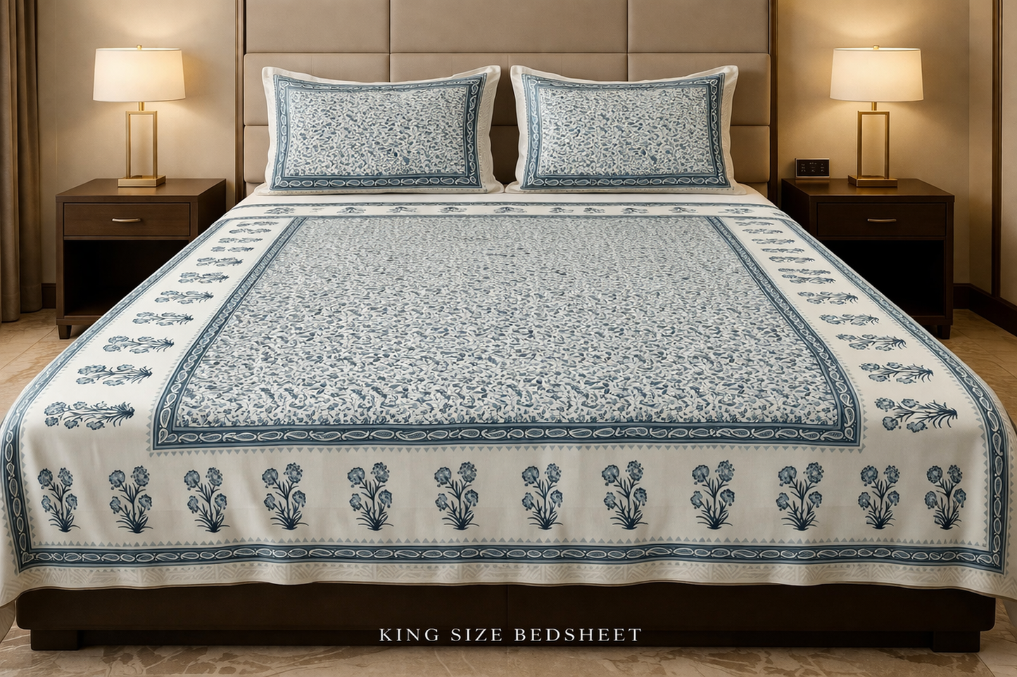 King Size Cotton Bedsheet 93x108 Inches with 2 Pillow Covers | Oxford Floral Border Premium Double Bedsheet