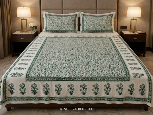 King Size Cotton Bedsheet 93x108 Inches with 2 Pillow Covers | Oxford Floral Border Premium Double Bedsheet