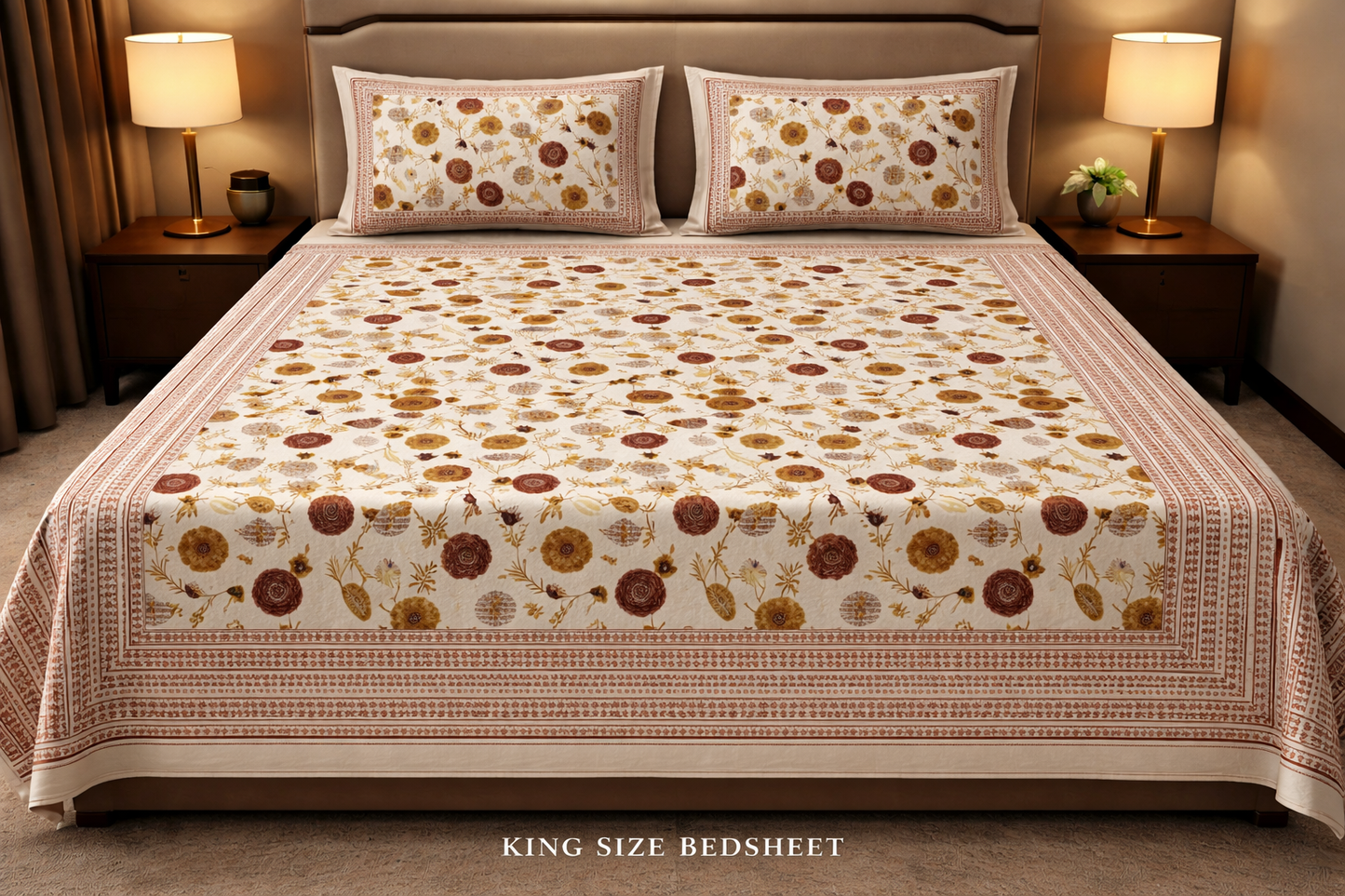 King Size Cotton Bedsheet 93x108 Inches with 2 Pillow Covers | Oxford Floral Disc Print Premium Double Bedsheet