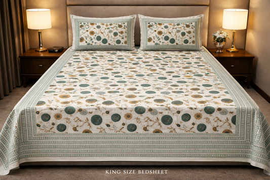 King Size Cotton Bedsheet 93x108 Inches with 2 Pillow Covers | Oxford Floral Disc Print Premium Double Bedsheet