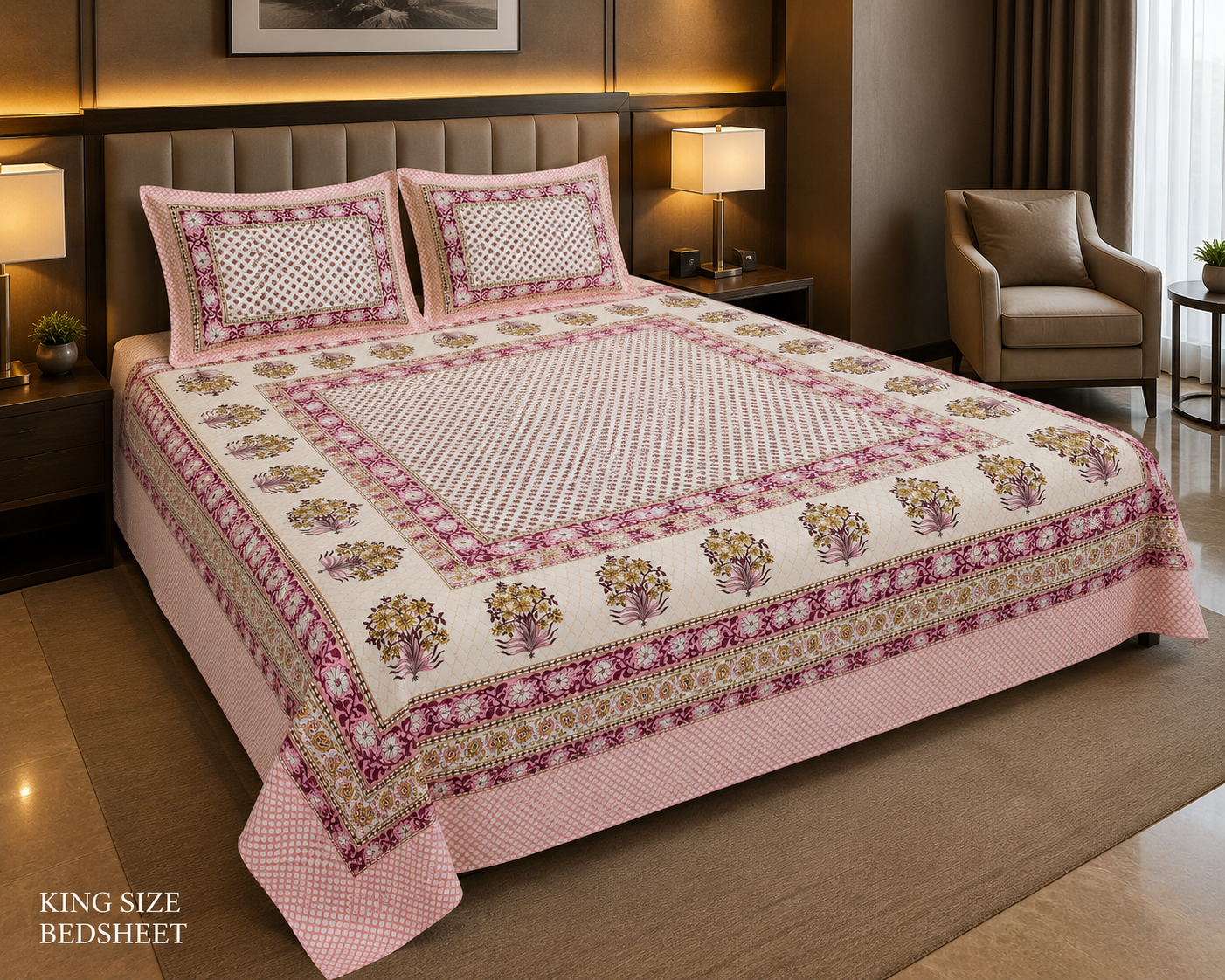 Oxford Design Pure Cotton King Size Bedsheet with 2 Pillow Covers – 93x108 Inch