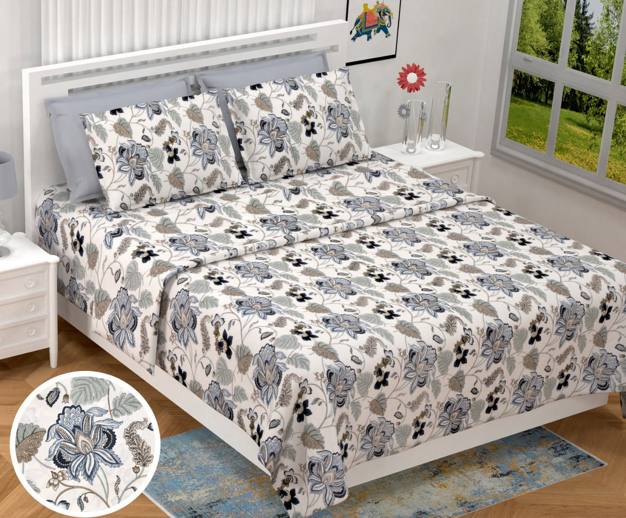 Anokhi Floral Garden Print King Size Cotton Bedsheet 100x100 with 2 Pillow Covers
