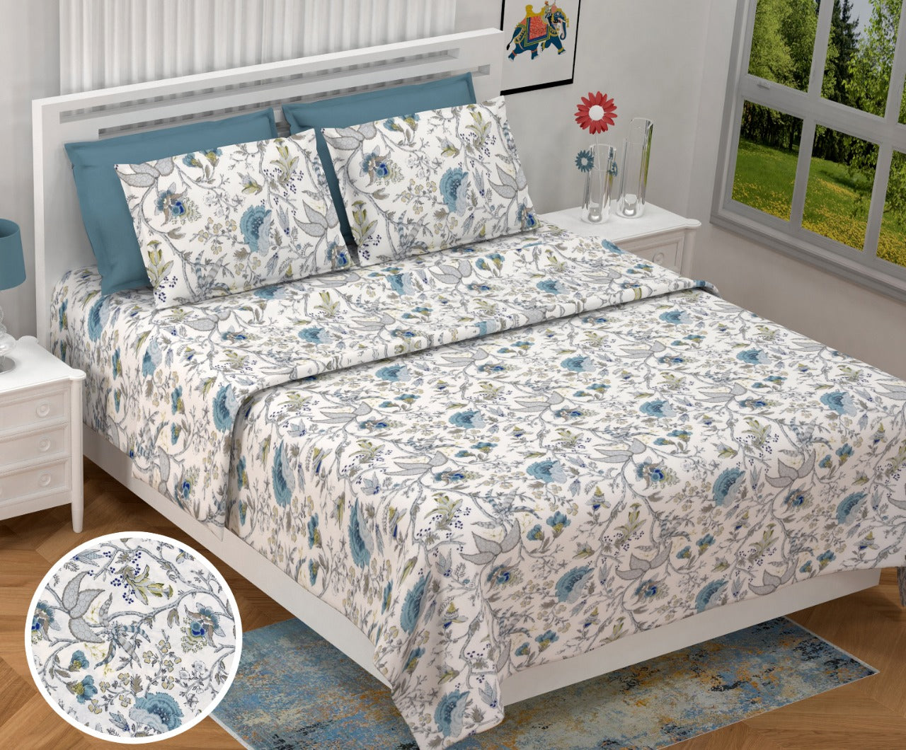 Anokhi Floral Garden Print King Size Cotton Bedsheet 100x100 with 2 Pillow Covers
